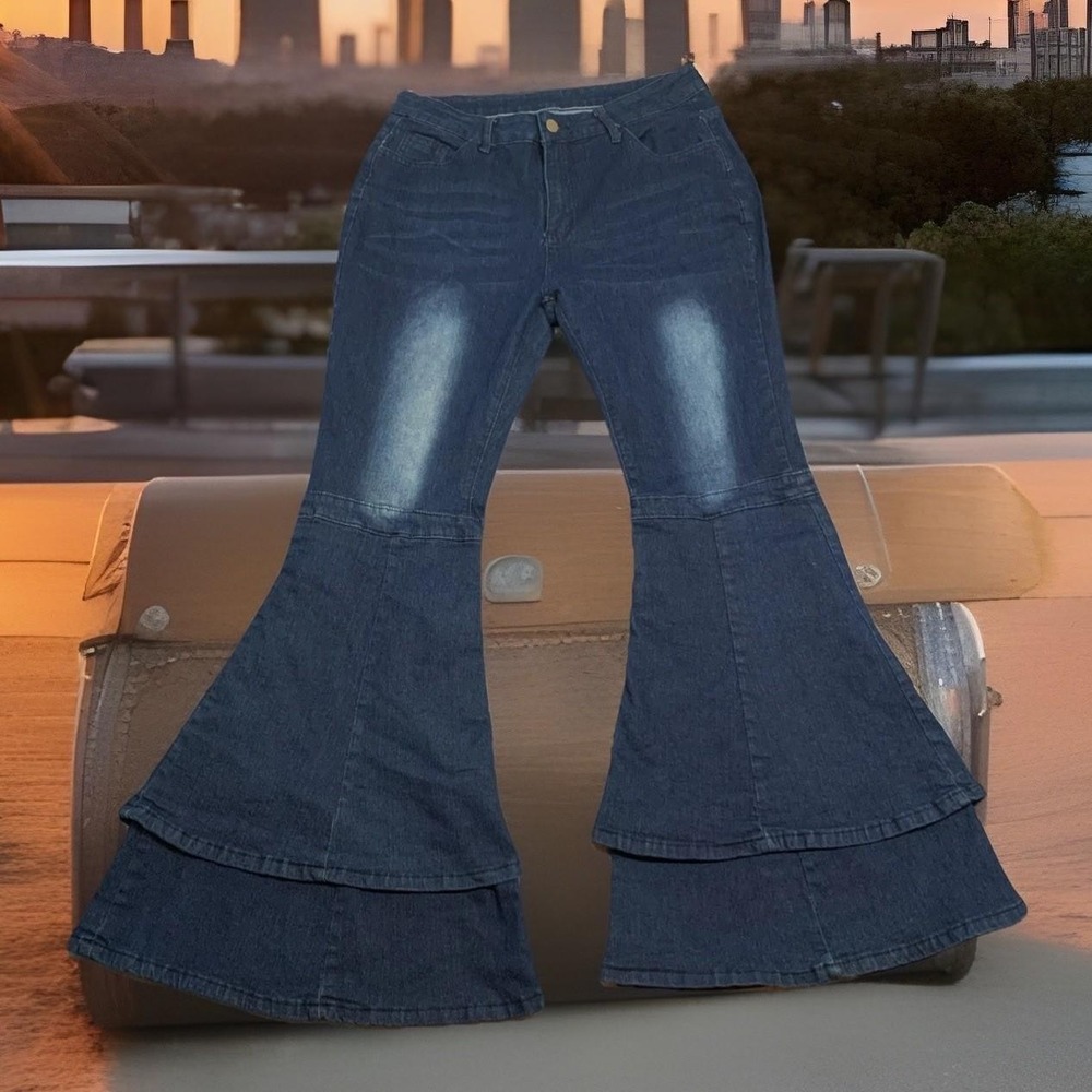 Plus Sz 1X Stretchy Fitted High Waist Layered Bell Bottom Hippie Blue Jeans Y2K - Picture 4 of 11